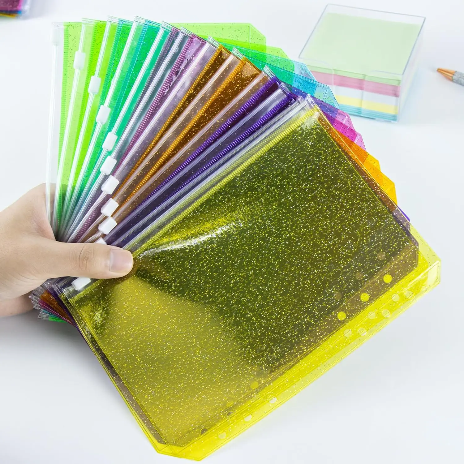 New A5/A6 Zipper Pockets 6 Colors Glitter Pocket Sleeves 12 Pack Plastic Sheet Protectors for 6 Ring A5/A6 Binders