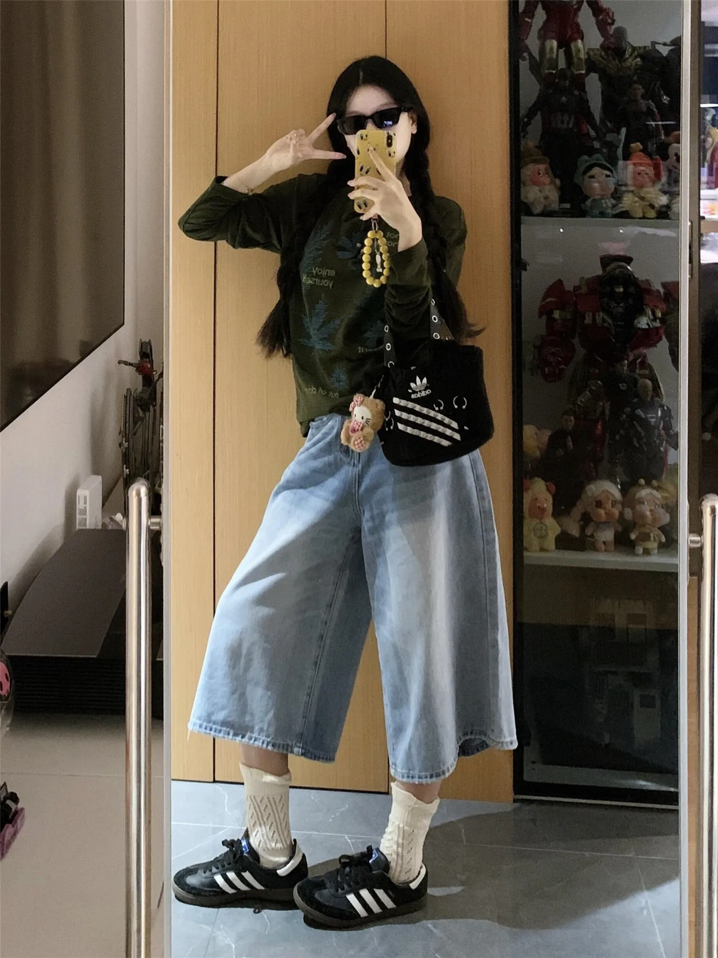 

Retro American Blue Washed Loose Fit Seven-Five Denim Shorts Women Summer Thin Wide Leg Jeans High Waist Cotton Comfortable