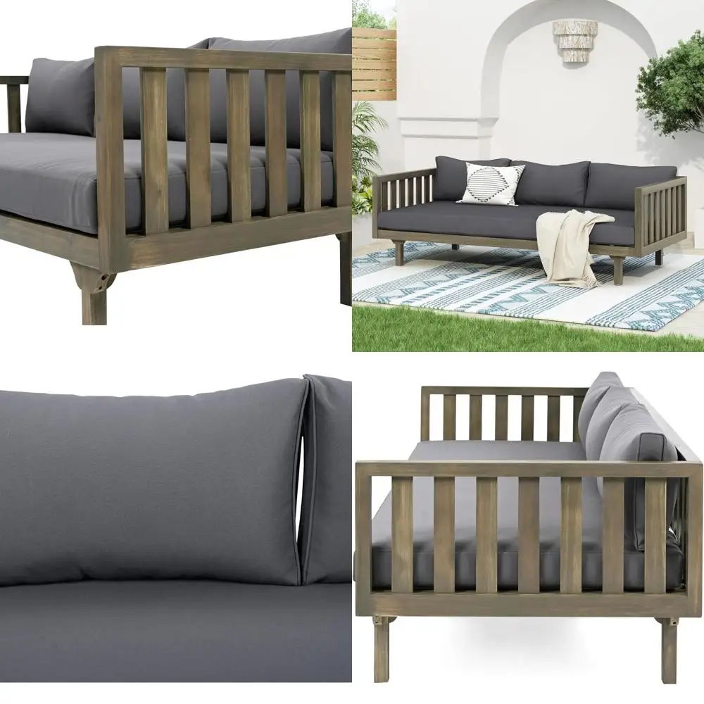 

Claremont Outdoor 3 Seater Acacia Wood Daybed with abric Water Resistant and Removable Cushions, Patio Garden Soa with Slat Pane