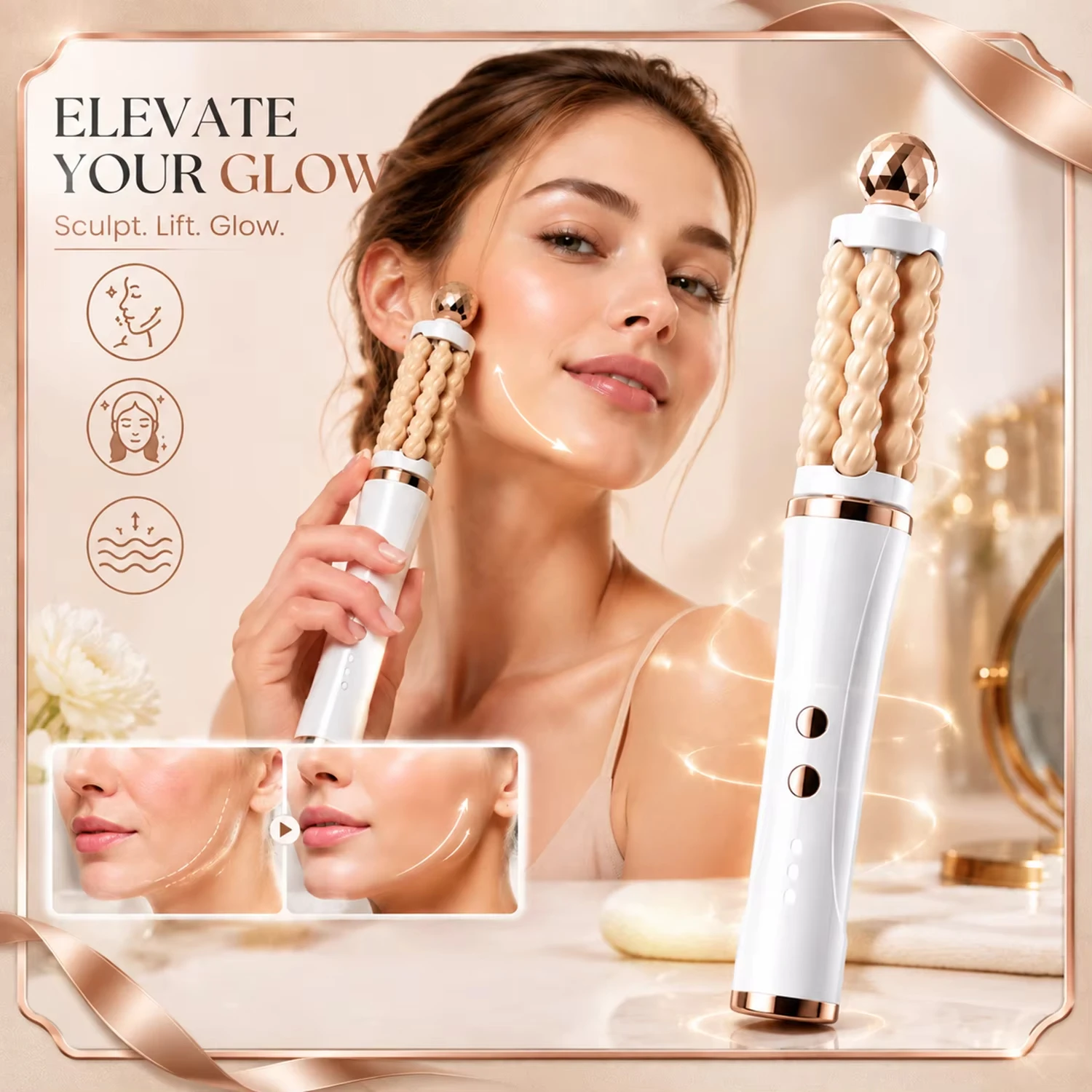 3D Wave Roller Rotation Massager Luxury Facial Lifting and Massage Stick Beauty Wand Bar Facial Shaping Lifting Skin Tightening