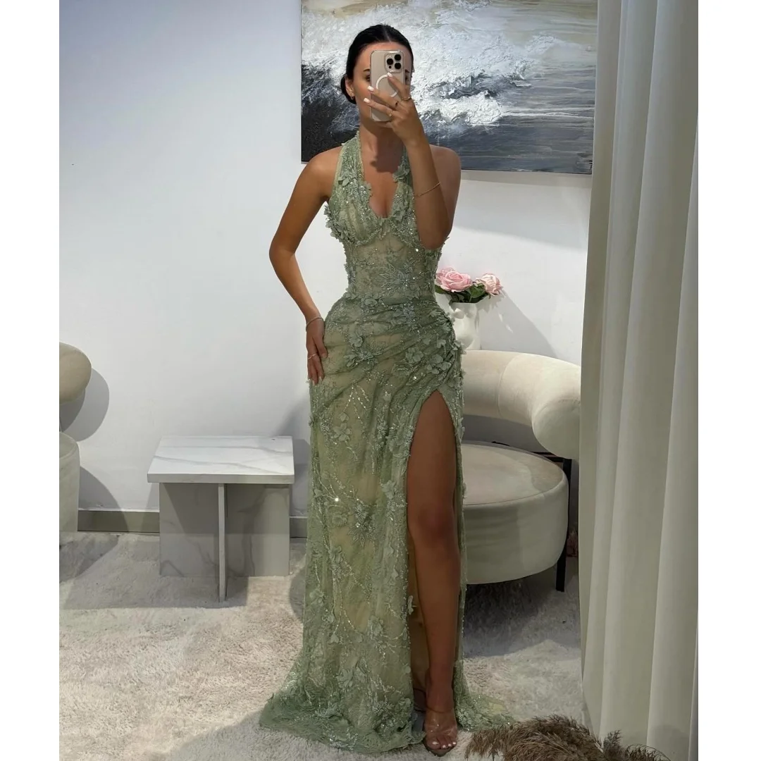 

Exquisite Evening Dresses Woman Flower Appliques Prom Dress Slit Sequined Wedding Party Gown Halter Neck Vestidos Customized