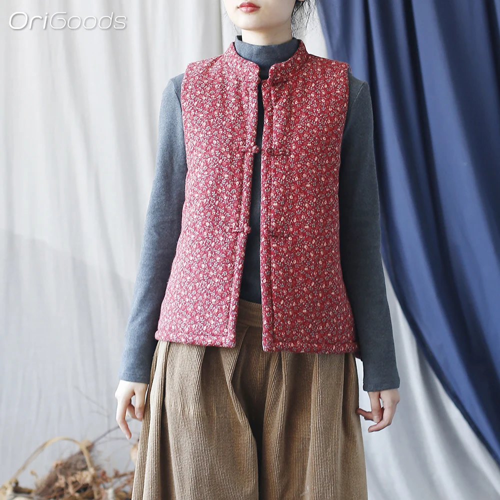 

OriGoods стеганый жилет, женский хлопковый жилет с цветочным принтом в китайском стиле, зимнее пальто без рукавов, верхняя одежда, женский толстый теплый жилет, новинка 2024, X125