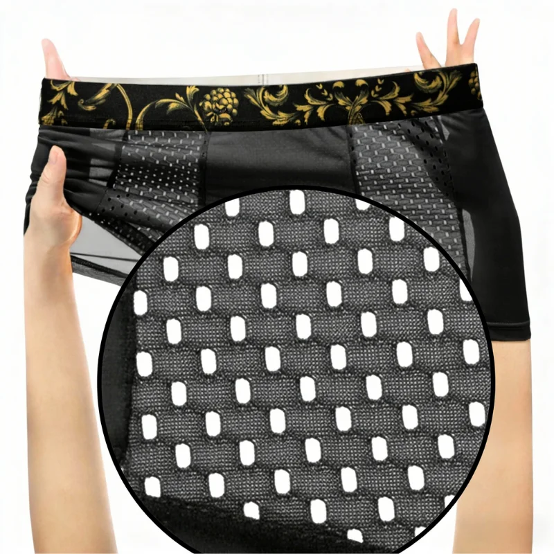 Celana Boxer Pria Bahan Sutra Es dengan Pinggang Motif Bunga Emas, Pakaian Dalam Bernapas, Cepat Kering, Ramah Kulit, Celana Olahraga Ukuran Besar untuk Musim Panas