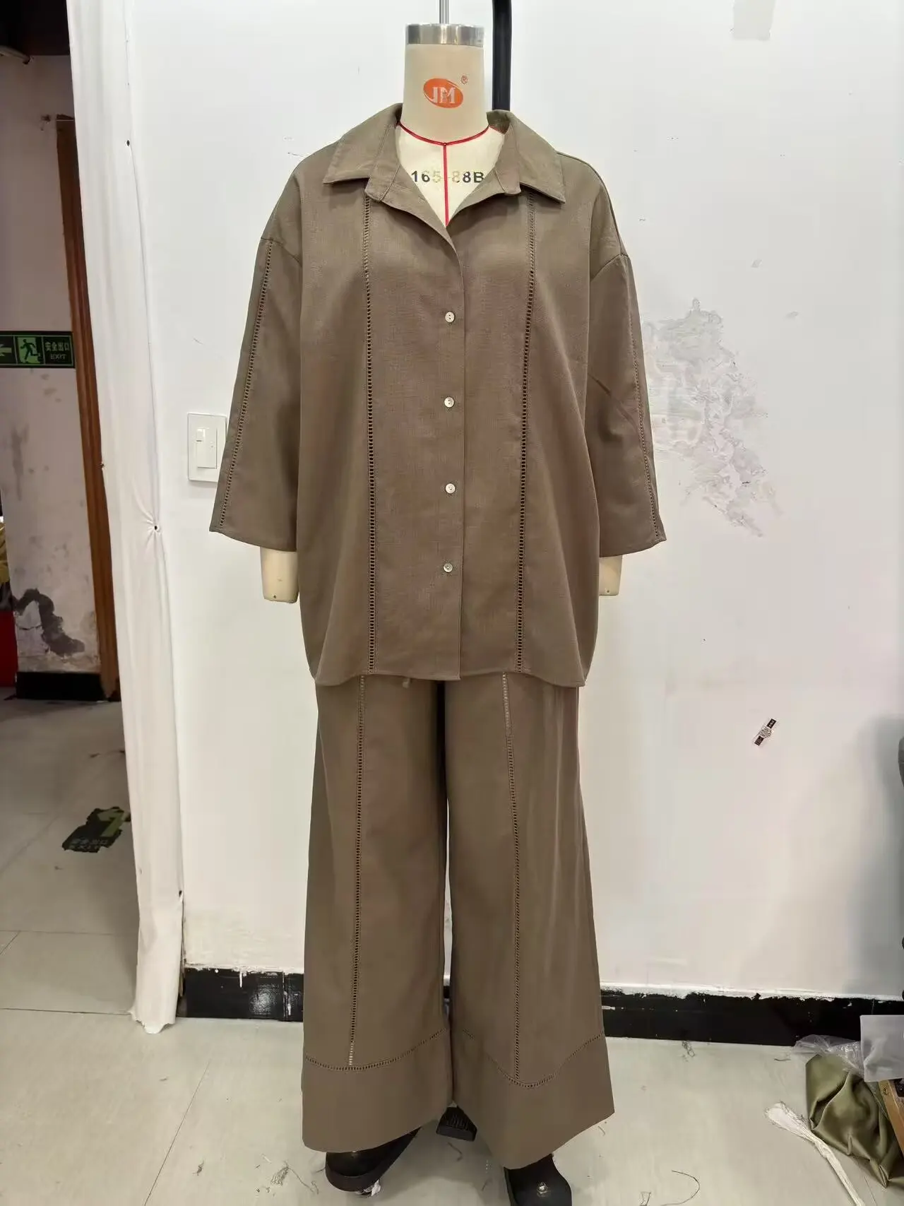 

TRAFZA Women Pants Set Lapel Single-Breasted Hollow Decoration Shirt Top+Elegant High Waist Draw Rope Slim Casual Wide-Leg Pants