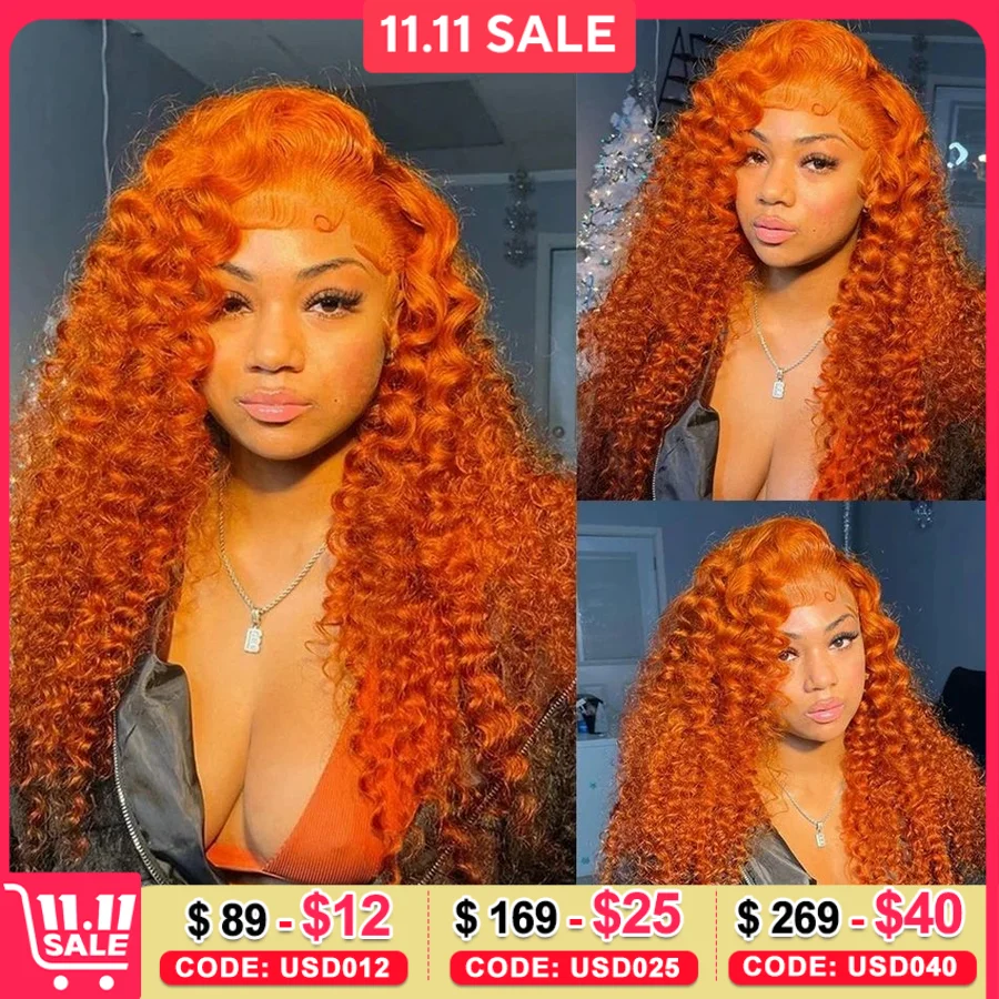 Ginger Orange Deep Wave Lace Frontal Wig Transparent 13x6 Hd Lace Front Human Hair Wigs Curly Hair 13x4 Lace Frontal Wig Colored