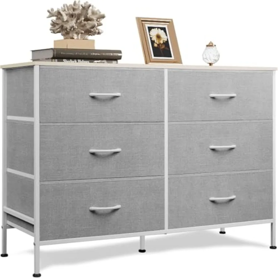 

Dresser for Bedroom with 6 Drawers, Wide Dresser TV Stand for 50 Inch TV with Metal Frame, Wooden Top, Chest of Drawers, Fabric
