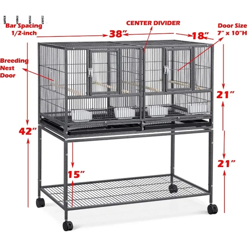 Combo Breeding Stacker Center Divided Breeder Bird Flight Double Rolling Cage with Side Breeding Nest Door (Black Vein)