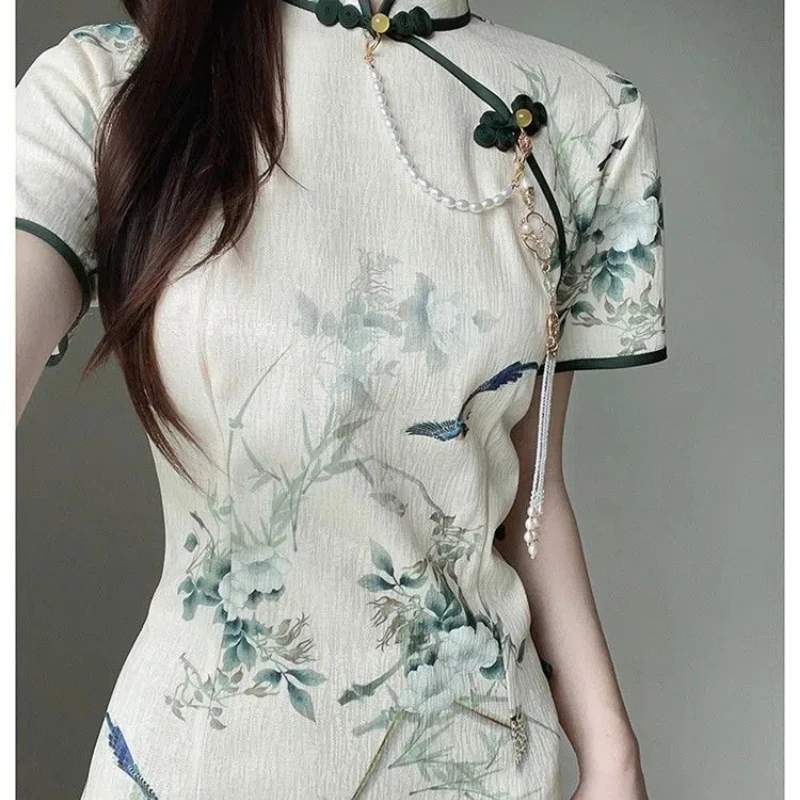 New Chinese Style Cheongsam Dresses Female Summer 2024 New Pattern Waist Temperament Short Sleeve Stand Collar Women\'s Clothing