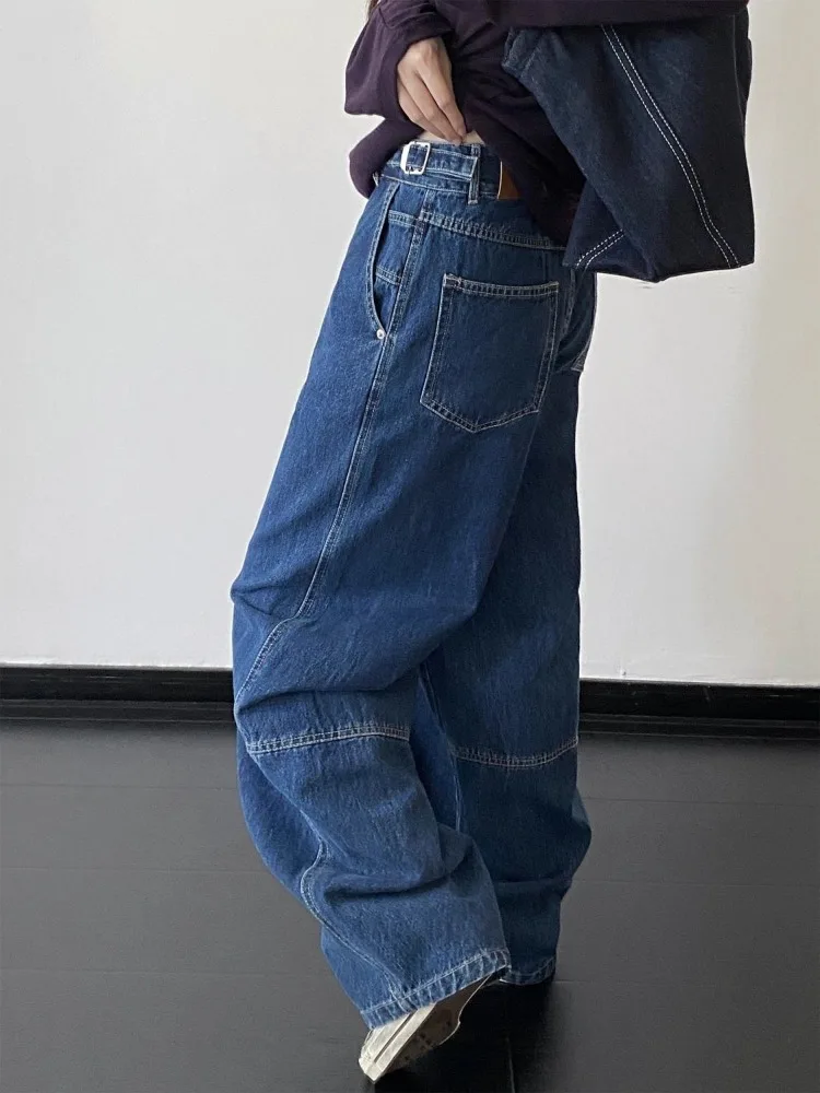 

Women's Adjustable Design Vibe Classic Blue Street Jeans Autumn Streetwear Cool Girl Trousers Female High Waist Wide Leg Pants