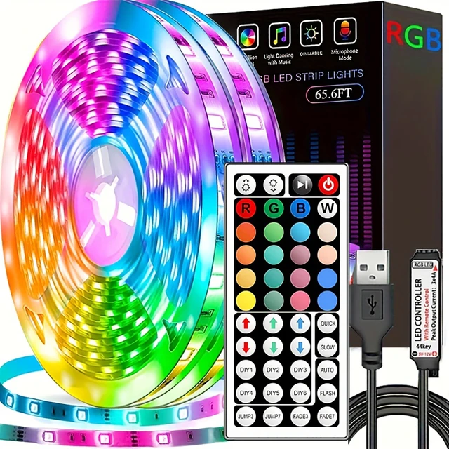 Taśmy LED z pilotem 44-klawiszowym 1m 5m 10m 20m RGB do dekoracji ścian, pokoju, domu, sypialni, na imprezę, jako podświetlenie TV