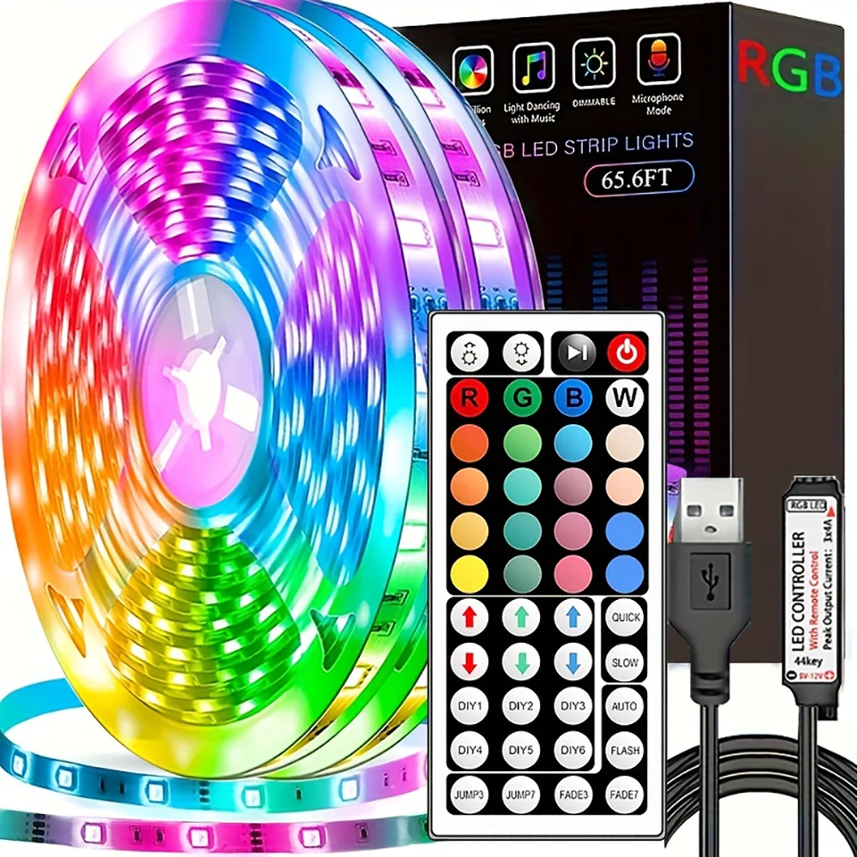 LED 스트립 조명 (44키 리모컨 포함) 1m 5m 10m 20m RGB 테이프 LED 벽/실내 장식용 (가정, 침실, 파티 장식, TV 백라이트)