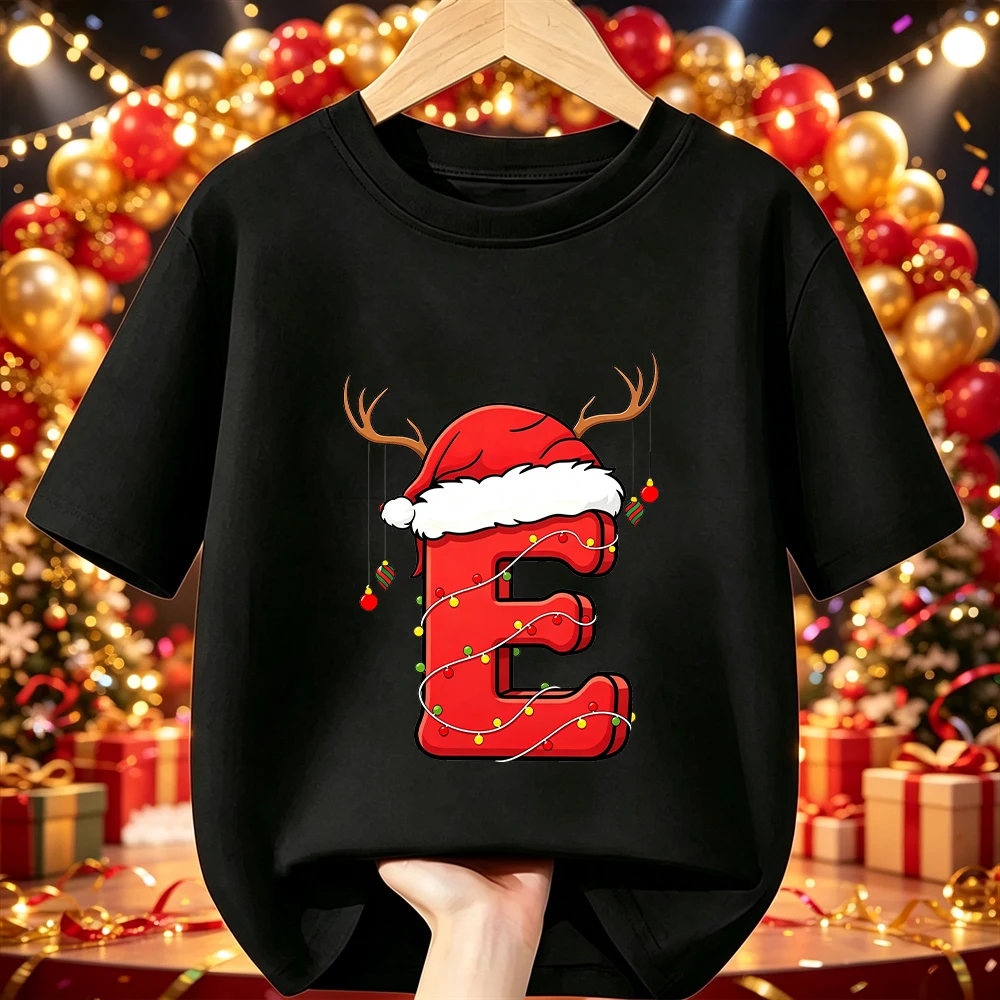 Baumwoll-Kinder-Weihnachts-T-Shirt mit Cartoon-Weihnachtsmann, Rentiergeweih, Lichterkette, A-Z-Druck, Kurzarm, O-Ausschnitt, Weihnachtsfeier-T-Shirt, Kinderbekleidung – Detail 6