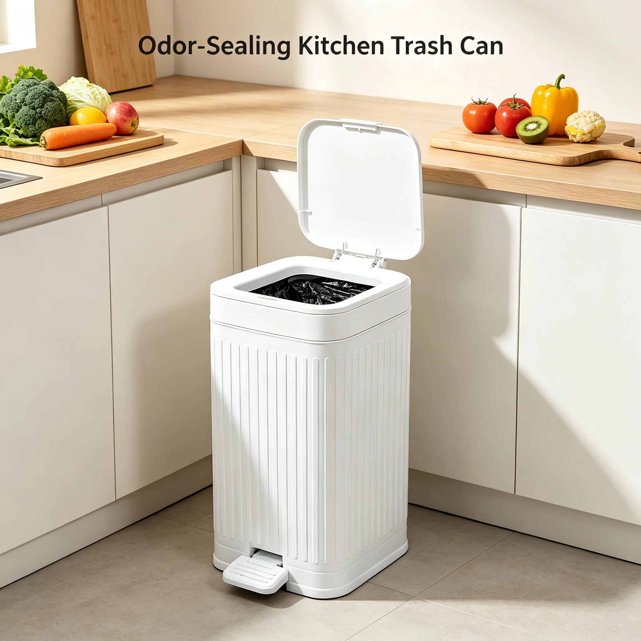 Apartment Dorm Essential Square Pedal Trash Can, Vertical Ribbed Matte Plastic Waste Bin with Bag Fixing Rim, Dual Foot & Press Lid, Odor Blocking Household Garbage Bin for Bedroom, Bathroom & Home Office