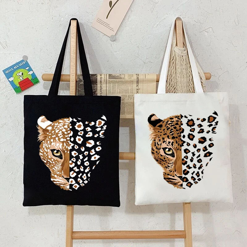 

Leopard Tiger Print Tote Bags for Women Men Canvas Animals Handbags Harajuku Wild Tiger Shopping Bag Reusable Teen Shoulder Bags