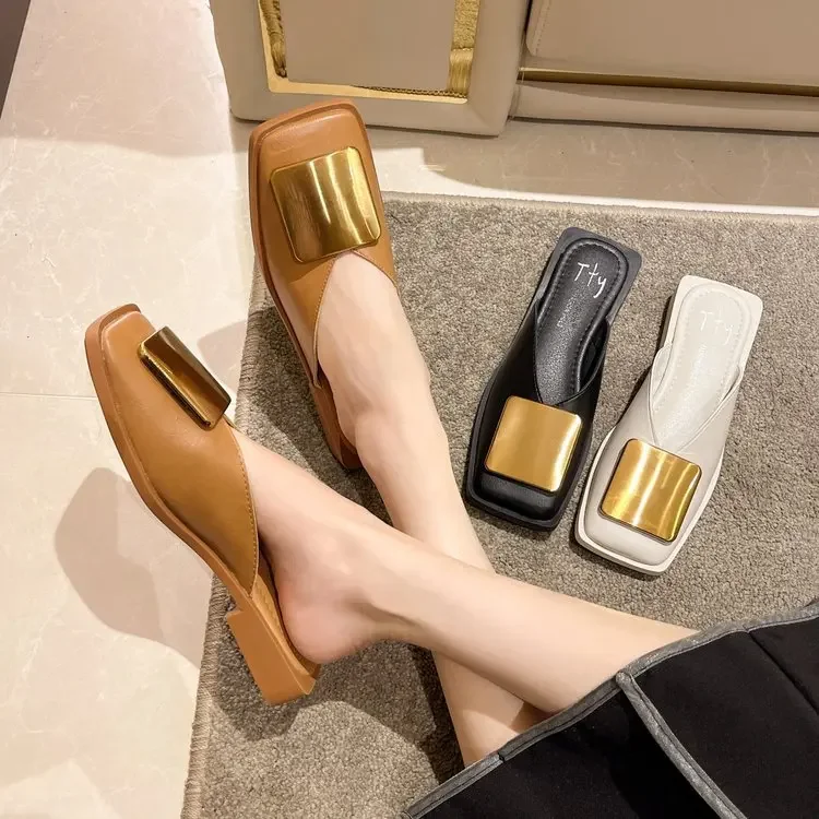 Brand Designer Women Slippers Fashion Metal Buckle Mules Flat Heels Square Toe Shallow Shoes Outdoor Slide Female Casual Sandal