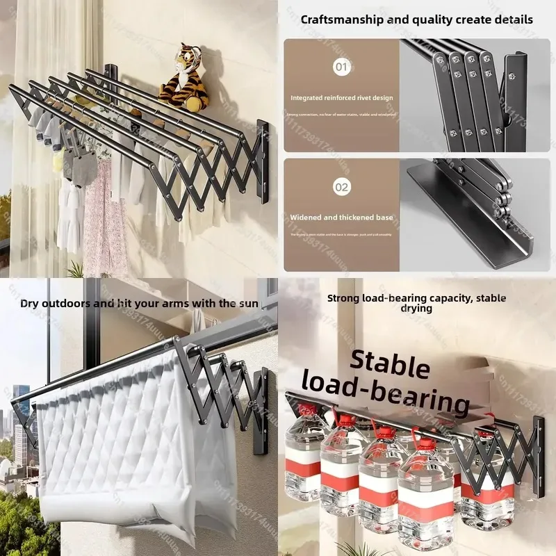Wall Mounted Retractable Foldable Clothes Drying Rack Space Saving Laundry Hanging Organizer for Balcony Indoor Home Bathroom