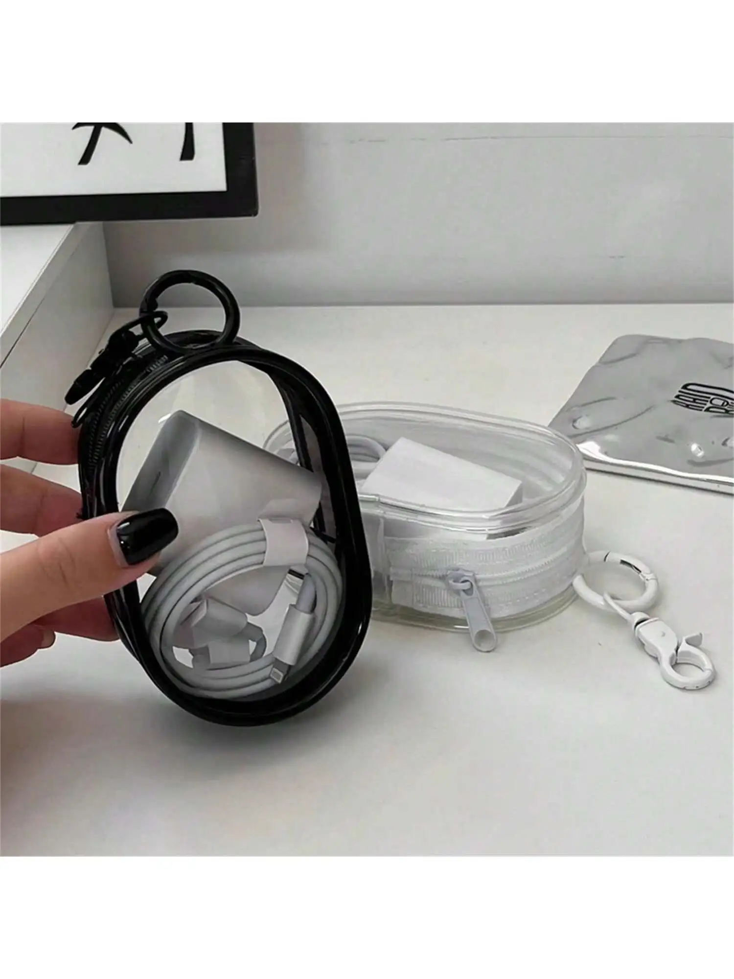 Transparent data cable storage bag for travel, outdoor use, digital chargers, cable management, protection, visibility