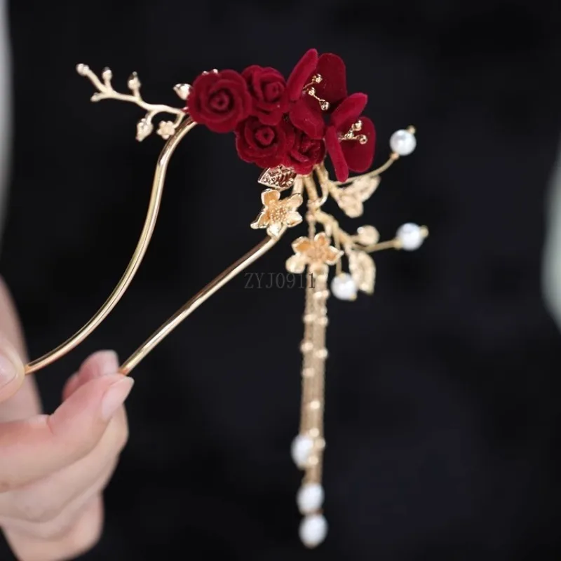 Épingle à cheveux en forme de U, coiffure Xiuhe rouge, épingle à cheveux en forme de disque de mariée classique chinois