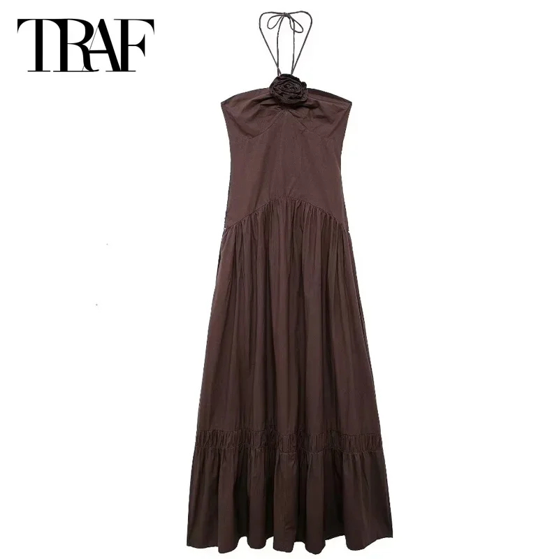 TRAF Womens Dresses Long Dresses Summer One-Piece Dress Midi Sleeveless Backless Halter Neck Flowers Dresses Party Dresses 2024