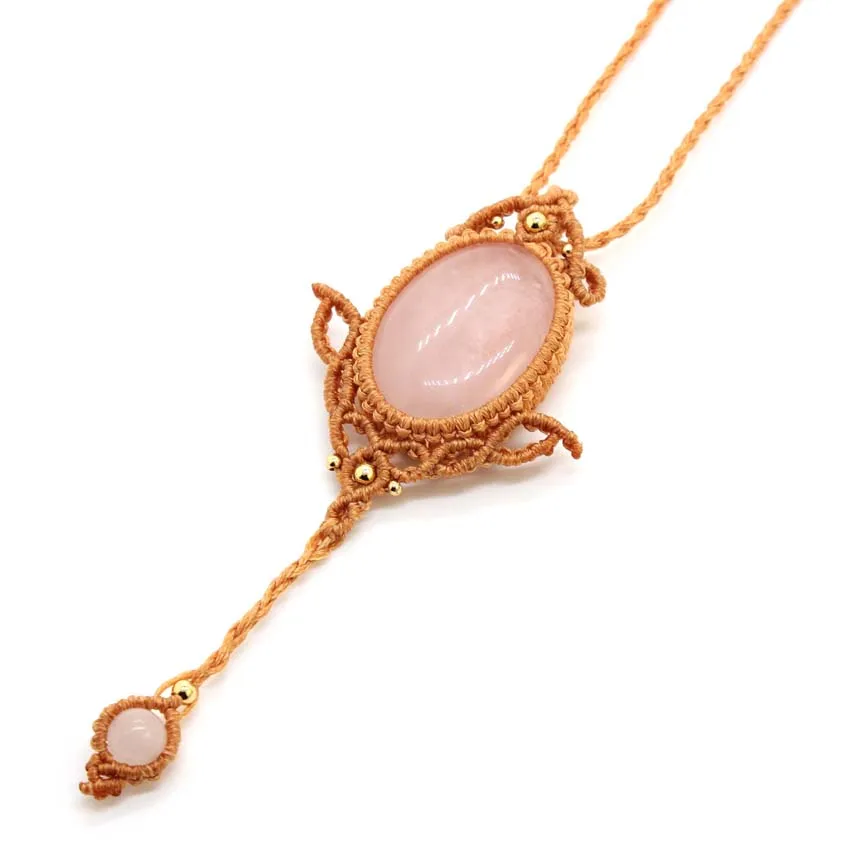 Natural Rose Quartz Crystal Stone Pendant Handmade Thread Rope Wrapped Braided Macrame Collay Chain Necklace For Women Jewelry