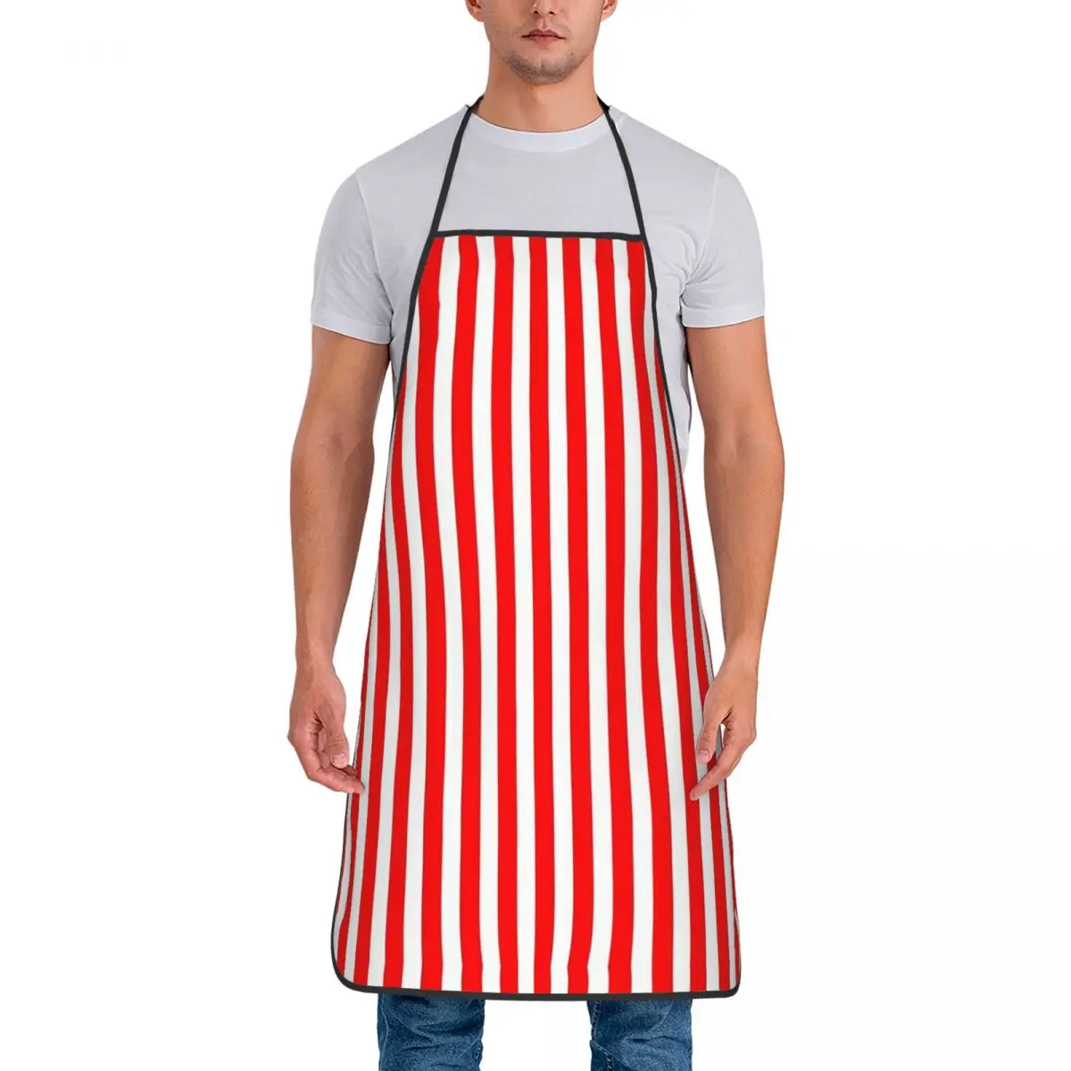 Classic Red And White Vertical Stripes Apron for Women Men Kitchen Chef Cooking Tablier Household Bib Baking Cleaning Adult