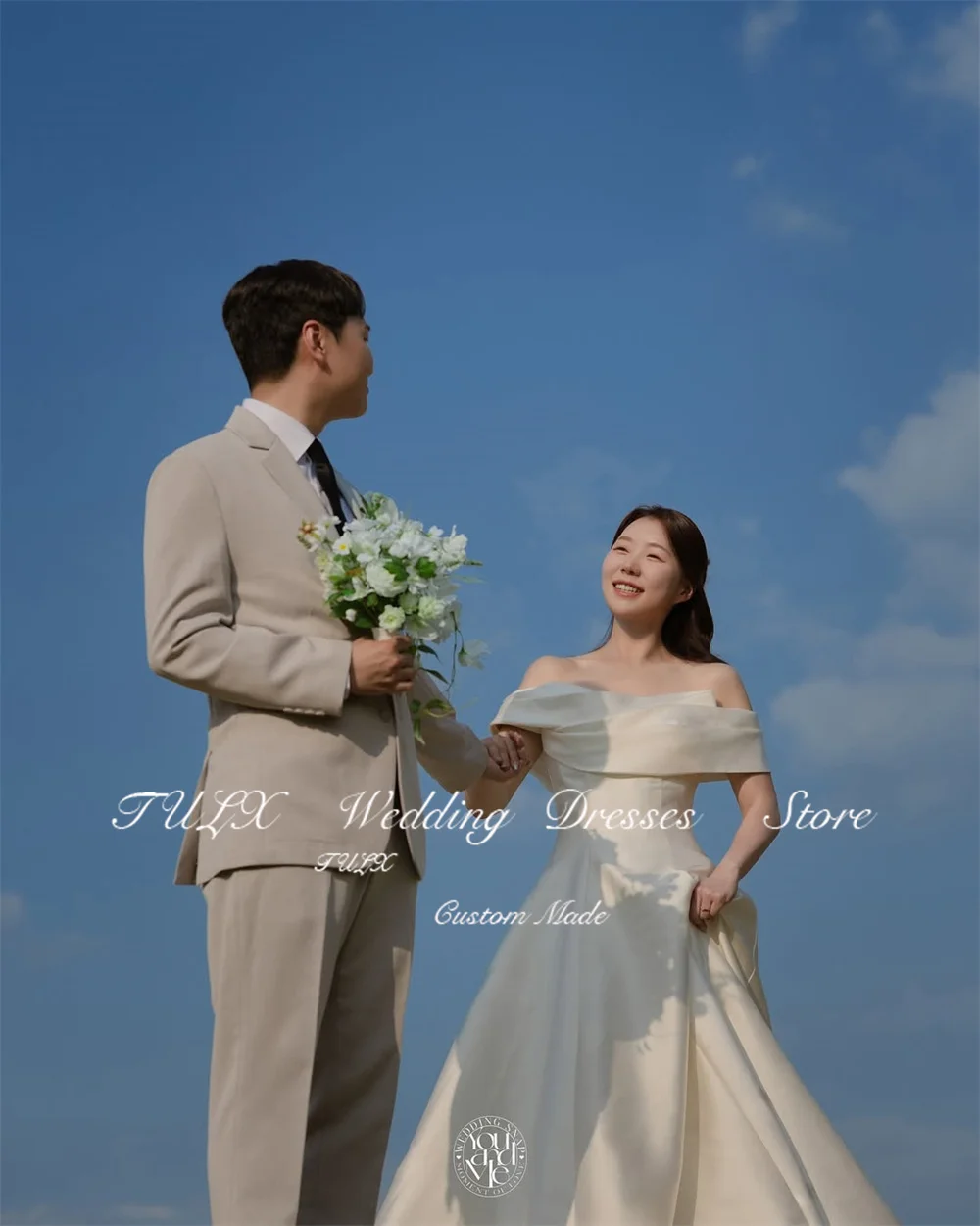 TULX Elegant Satin Wedding Dress Korea Photo Shoot Off Shoulder A line Floor Length Bridal Gowns Corset 웨딩드레스 Customized