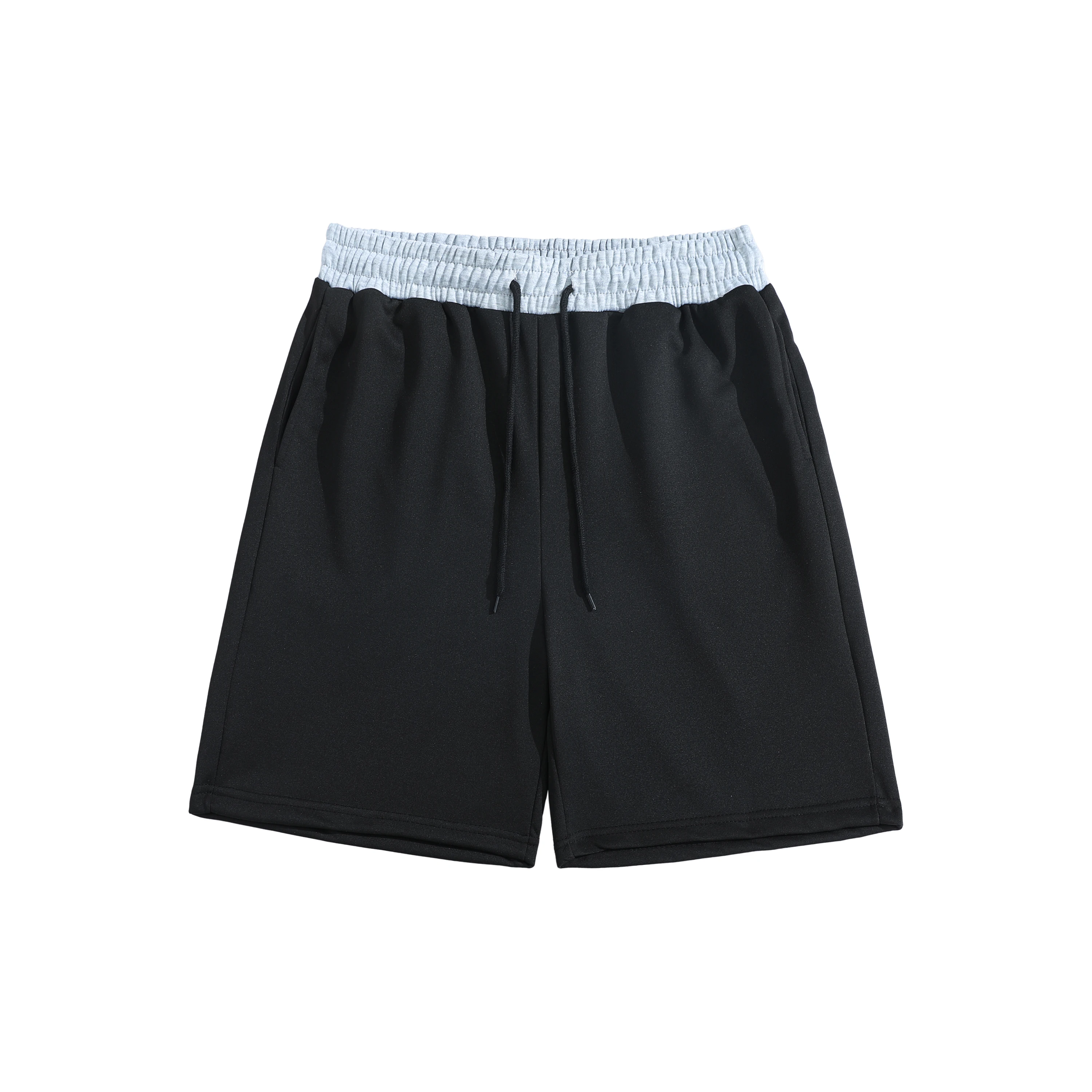 

Mens Black Sports Shorts with Light Grey Knitted Elastic Waistband Color Block Contrast Adjustable Drawstring Casual Pants