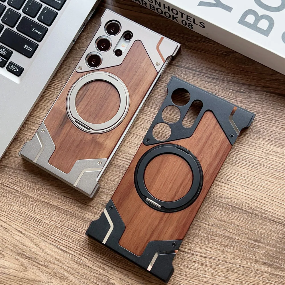 Luxury Magnetic Metal Bracket Phone Case for Samsung galaxy S24 Ultra S23 Ultra S22 Ultra Walnut Wood Frameless Ring Stand Cover