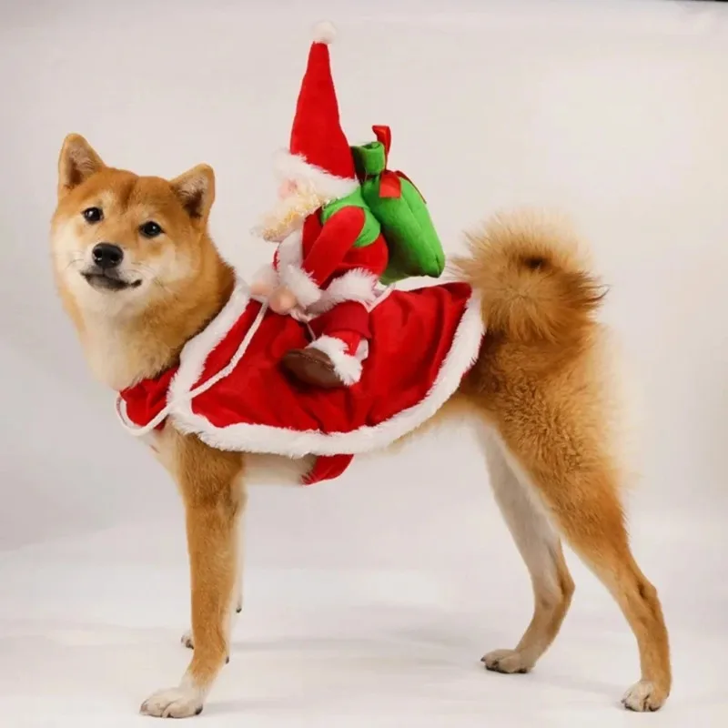 عيد الميلاد سانتا كلوز ركوب على الكلب عيد الميلاد الكلب زي مضحك الحيوانات الأليفة القط عطلة الزي الملابس خلع الملابس لعيد الهالوين عيد الميلاد