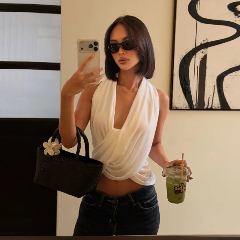 Cross Ruched Twist Tanks Crop Tops Women Sexy Swinging Collar Halter Backless Sleeveless Night Clubwear Vests Streetwear Camis