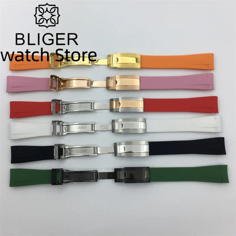BLIGER 20mmBlack Blue Green White Red Pink Orange  rubber strap with rose gold black silver gold stainless steel folding buckle
