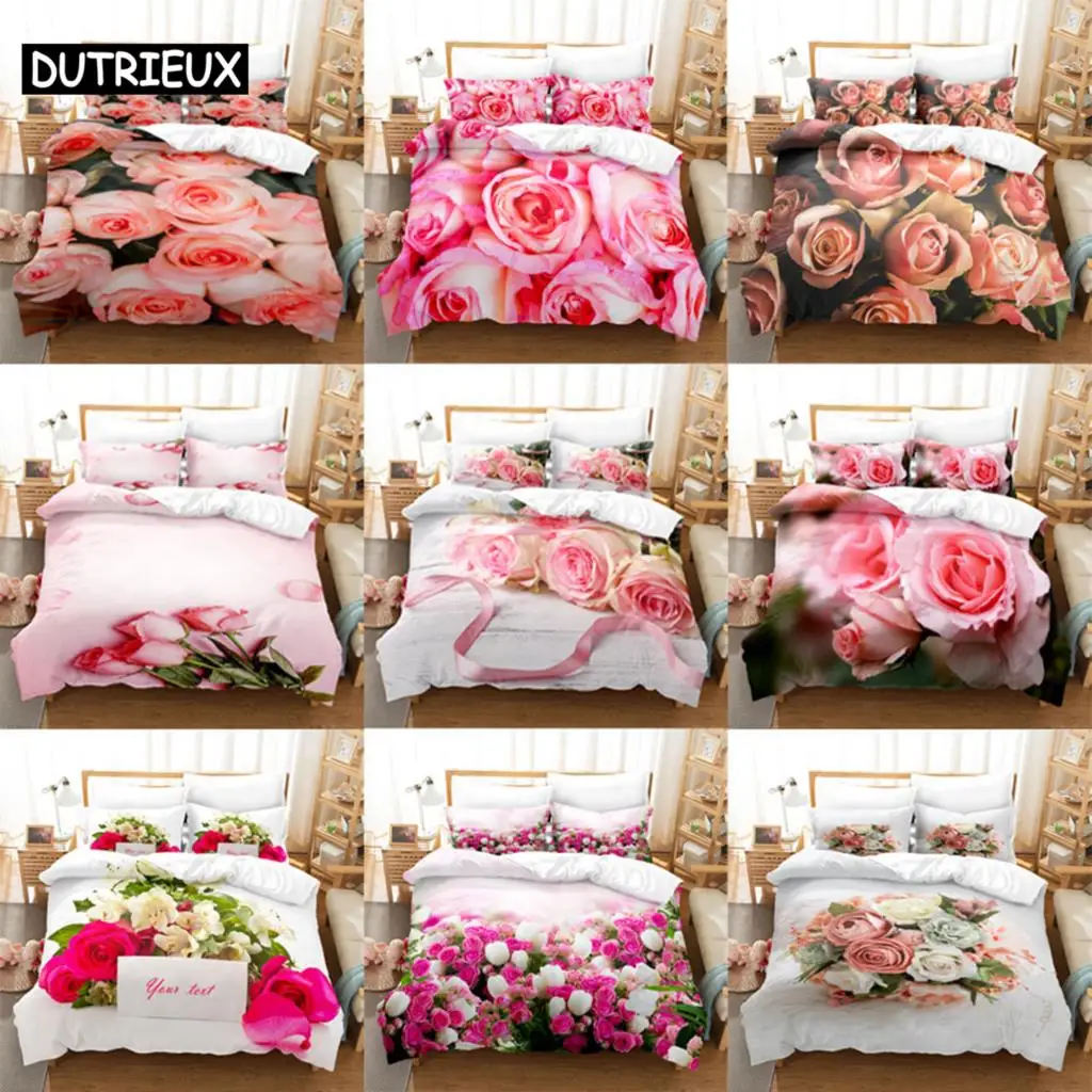 

Pink Flower Duvet Cover and Pillowcases Set King Size 220x240 Double Bed Single 3D Queen Bedding Sets Pink Full Twin Quilt Linen