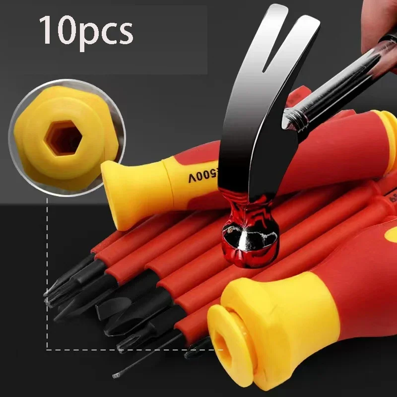 10Pcs Hexagonal Screwdriver Set Interchangeable Blade VDE Insulated Screwdrivers Set 500V Magnetic Cross Word Shaped Screwdriver