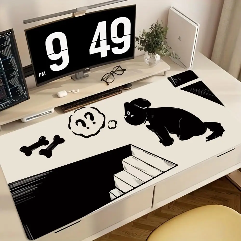XXL Large Gaming Mouse Pad, Black and White Design, Puppy Pattern,Rubber Stitched Edge, Office Computer Gaming Desktop Accessory