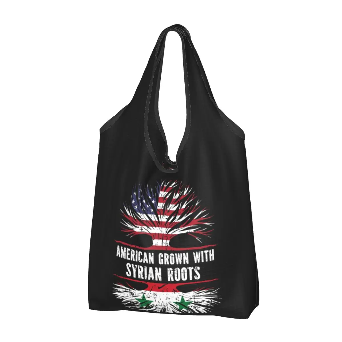 American Grown With Syrian Roots USA Flag Portable Tote Shopping Bags Large Capacity Shopper Bag Groceries Handbag Shoulder Bag