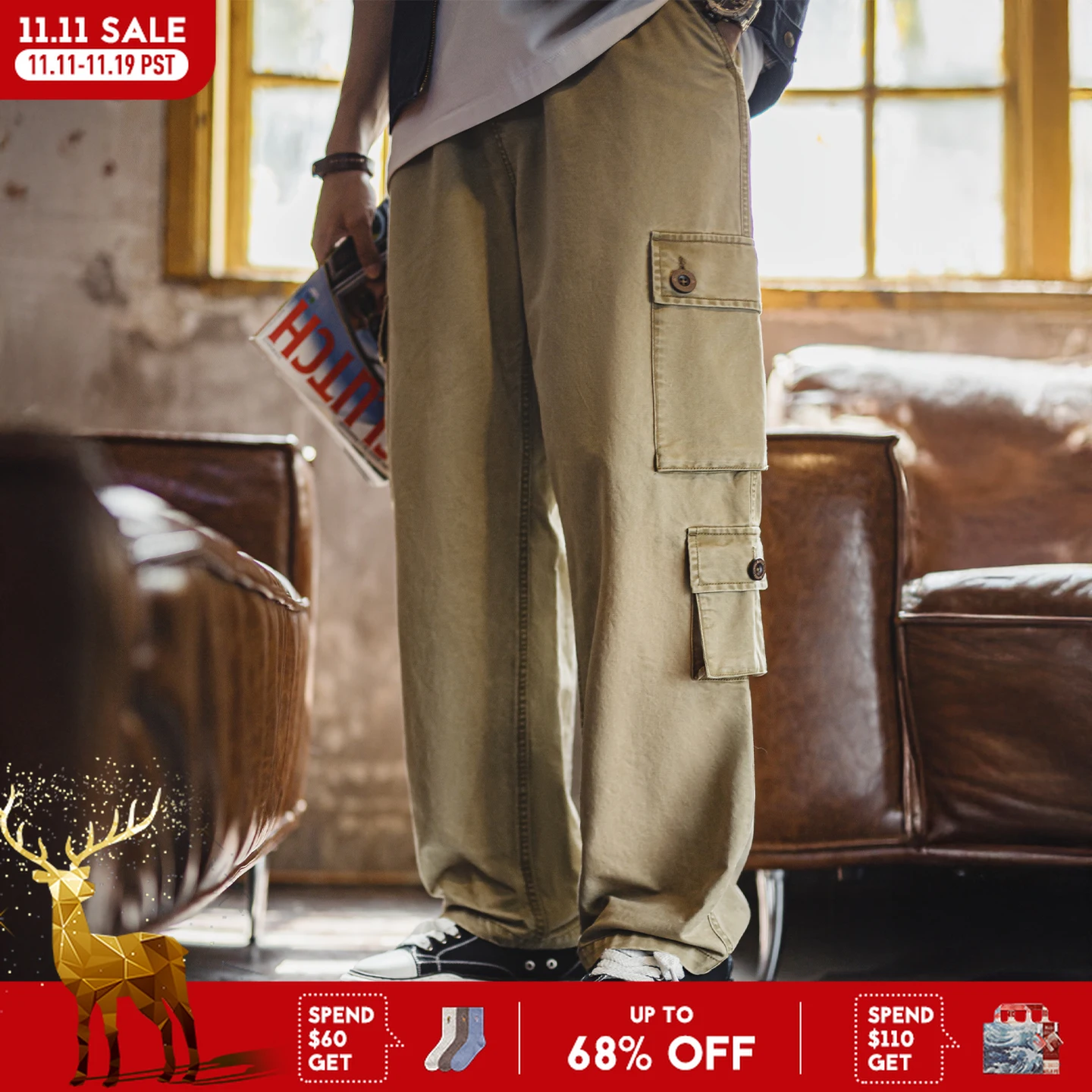 

Maden Retro Men's M51 Khaki Cotton Trousers Straight-Leg Multi-Pocket Casual Pants Washed Aged Long Pants for Autumn Streetwear