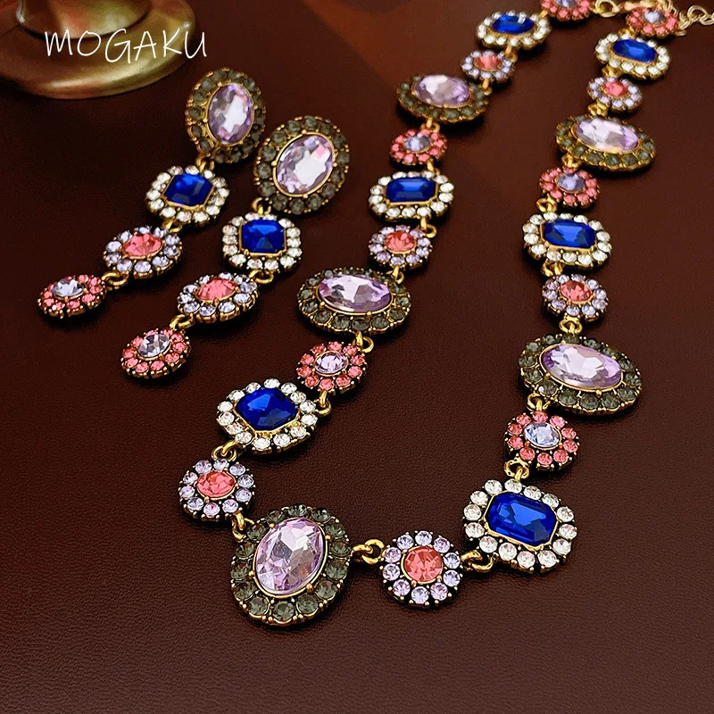 

MOGAKU Vintage Baroque Rhinestone Necklaces Earrings for Women Colorful Crystal Jewelry Sets Females Weddings Banquet Accessory