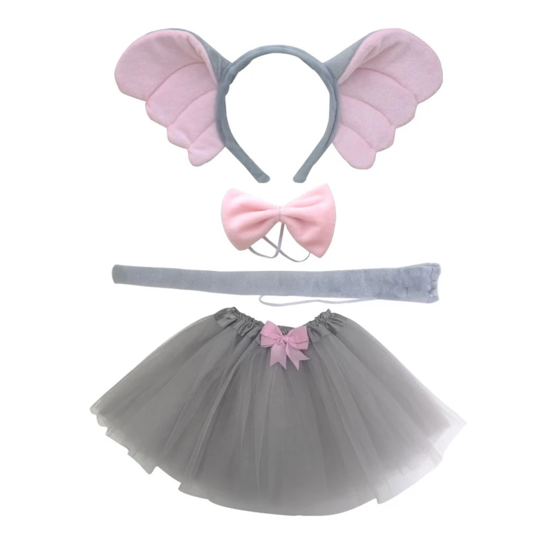 4Pcs/Set Girls Cosplay Costumes Kids Tutu Skirt Bow Tie Elephant Ear Hairhoop and Tail Kits Halloween Fancy Dress Up Party Props