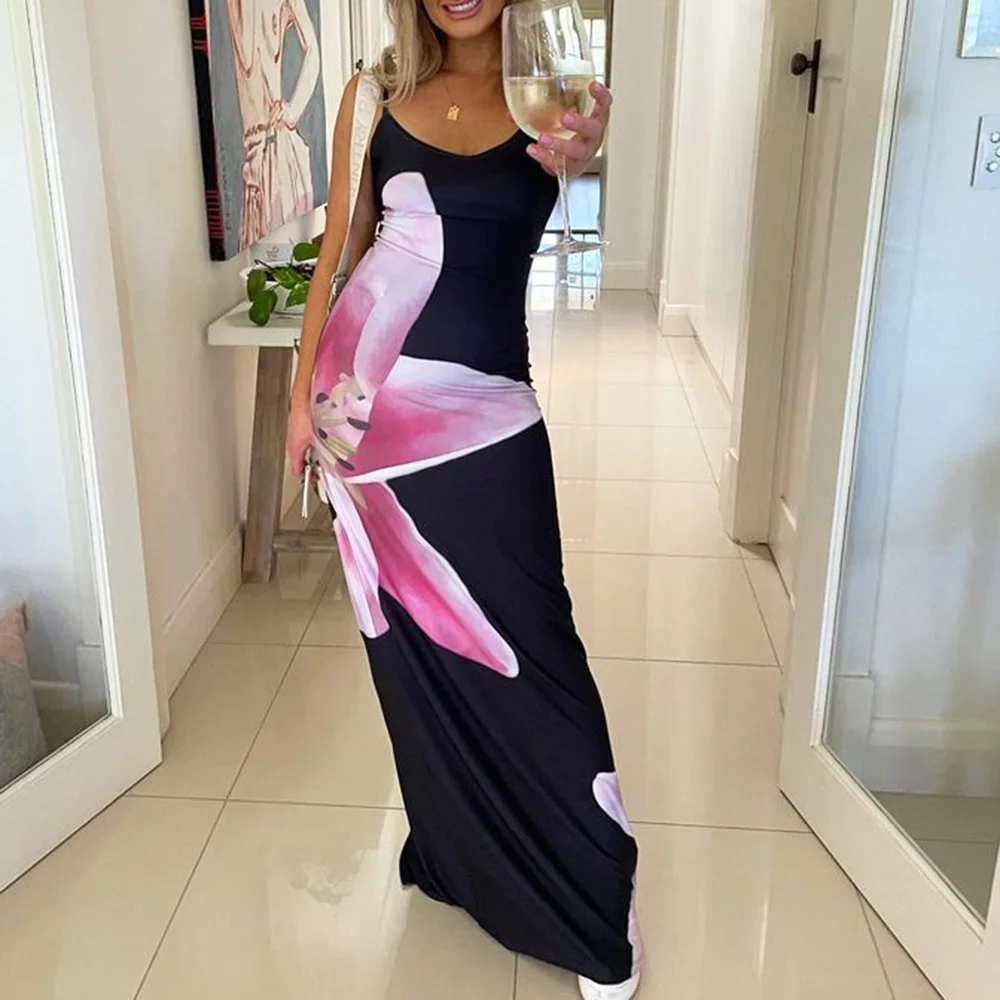 

Tuularose Spaghetti Strap Printed Dress Women's Summer Sleeveless Printed Beach Vacation Long Dress Retro Slim Sexy Dress Robe