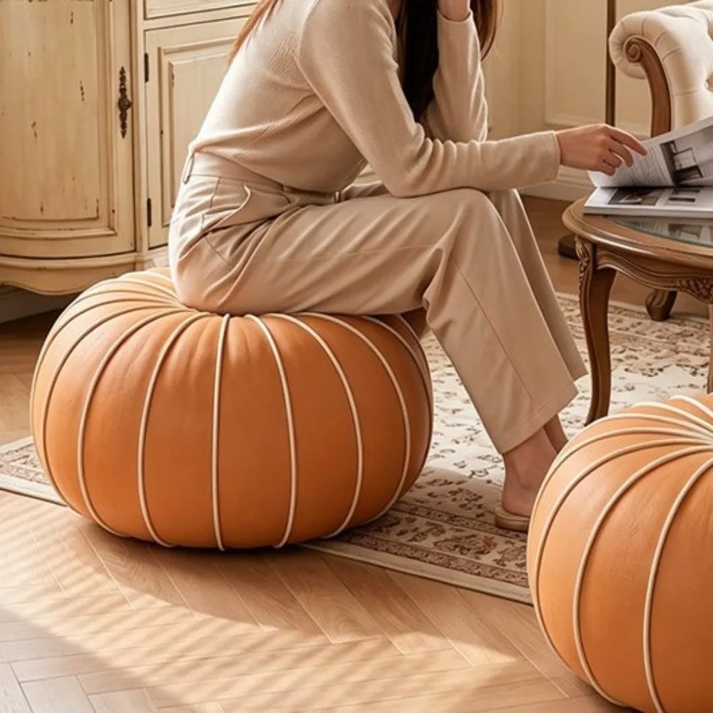 Space Saving PU Leather Pouf Ottoman Cover Unstuffed Large Capacity Pumpkin Pouf Cover Minimalist Round Storage Bag Home Use