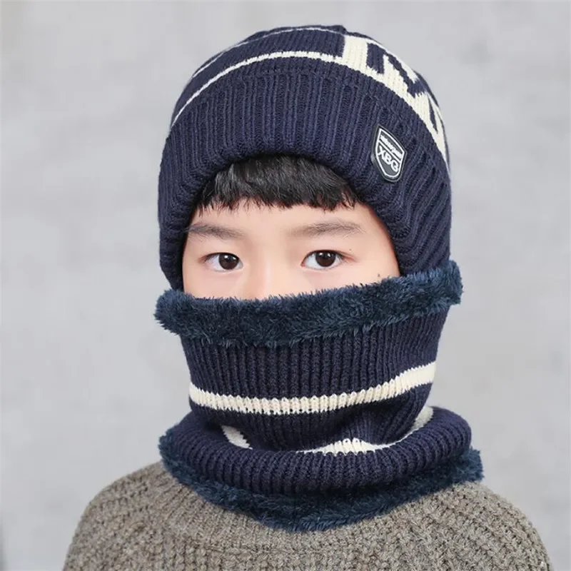 Child Winter Knitted Hat Scarf Boy Girls Outdoor Warm Plush Beanies Hat 2 Piece Sets Kids New Letter Cap And Stripe Scarves