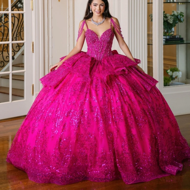 

Rose Red Shiny Quinceanera Dresses Off The Shoulder Sequin Applique Lace Beading Crystal Bow Tull Corset Party Birthday Sweet 16