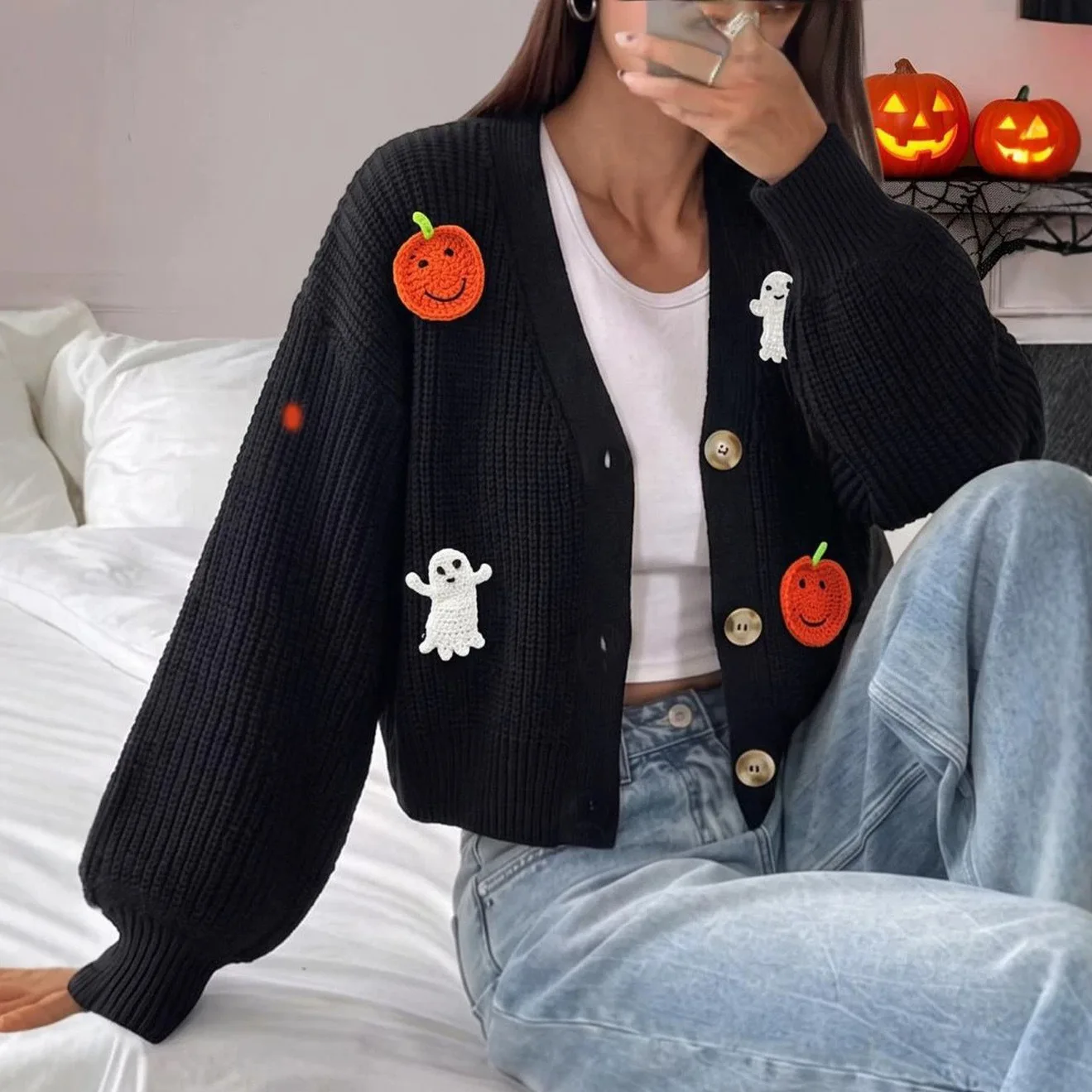 Halloween Women V‑Neck Casual Knit Cardigan, Long‑Sleeve Button‑Up Loose Cropped Sweater Coat With 3D Pumpkin & Ghost Appliques