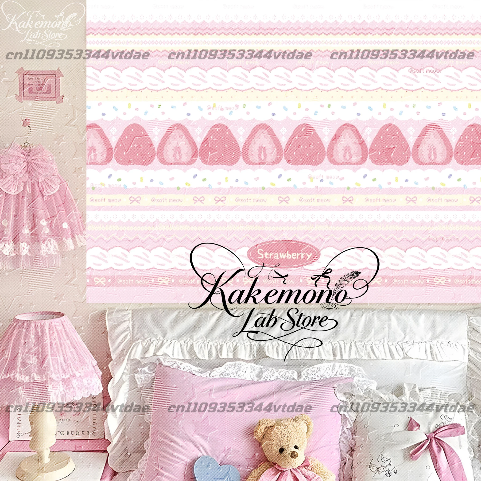Pink Strawberry Lace Tapestry Sweet Pastel Striped Wall Hanging Kawaii Aesthetic Bedroom Backdrop Cloth Home Decor