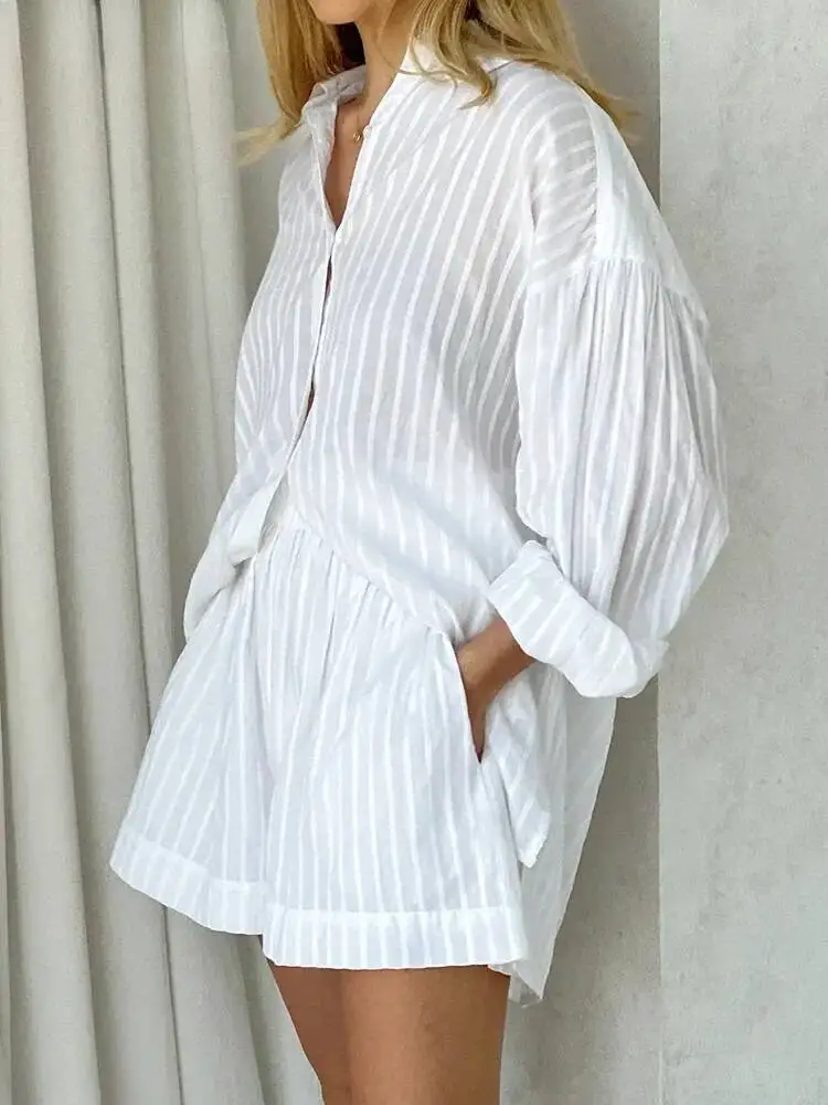

Casual Sets Striped Jacquard 2 Pieces Cozy Lapel Lantern Sleeve Shirt Summer Outfit Elastic Waist Shorts Suits