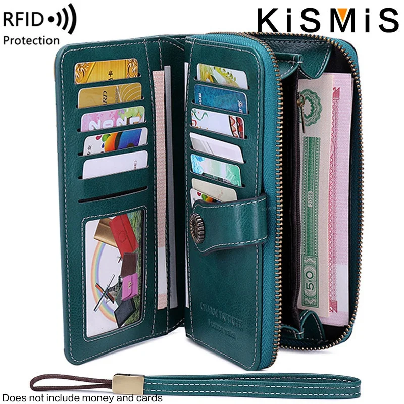 KISMIS RFID Ladies Fashion Long Wallet - Large Capacity Zipper Leather Coin Purse