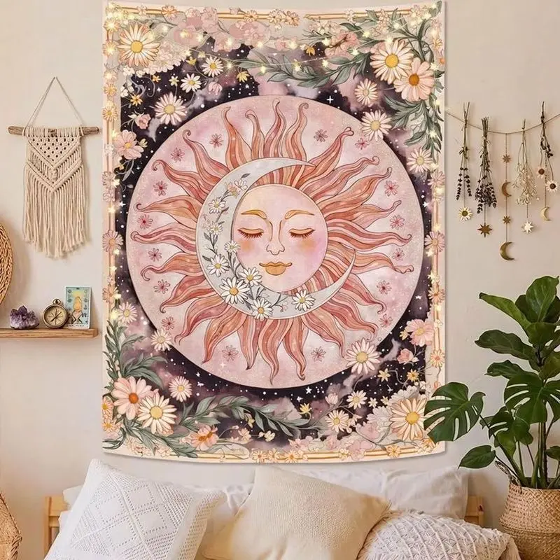 VIKAMA Celestial Sun Moon Tapestry Daisy Floral Polyester Wall Hanging Bedroom Dorm Living Room Aesthetic Boho Soft Durable Cozy