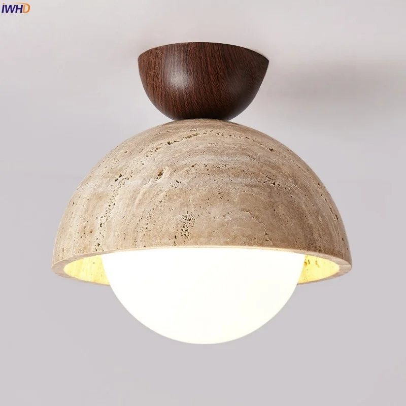

IWHD Mid Century Modern LED Ceiling Lamp Living Room Decoration Bedroom Aisle Wood Yellow Travertine Ceiling Light Lampara Techo