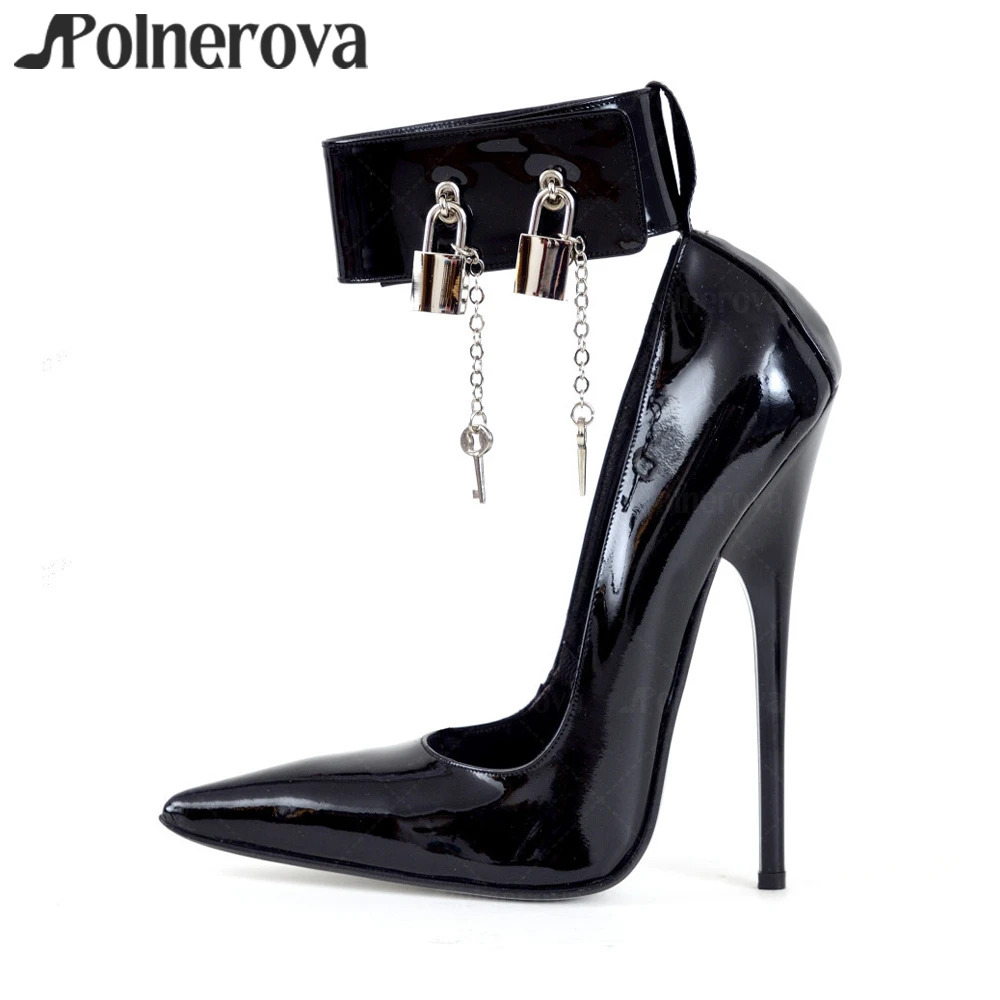 

Metal Key Lock Sexy Pumps Ankle Belt Buckle Stiletto Shoes Pointed Toe Black Patent Leather High Heels Punk Style Sexy High Heel