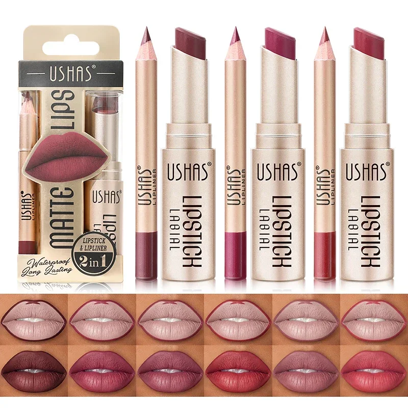 Conjunto de batom fosco e lápis labial, cosméticos duradouros à prova d'água, contorno marrom nu, kit de bálsamo labial colorido, 2 em 1